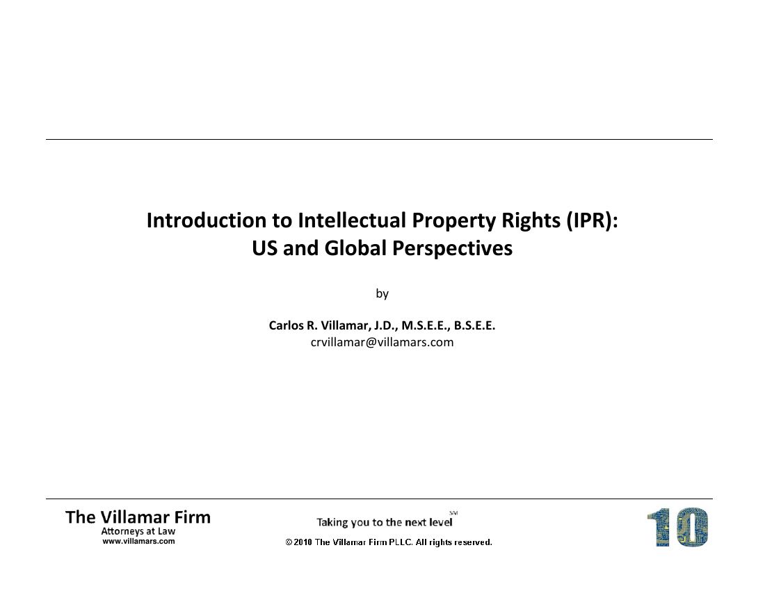 First slide of: Villamar, "Introduction to Intellectual Property Rights (IPR): US and Global Perspectives"