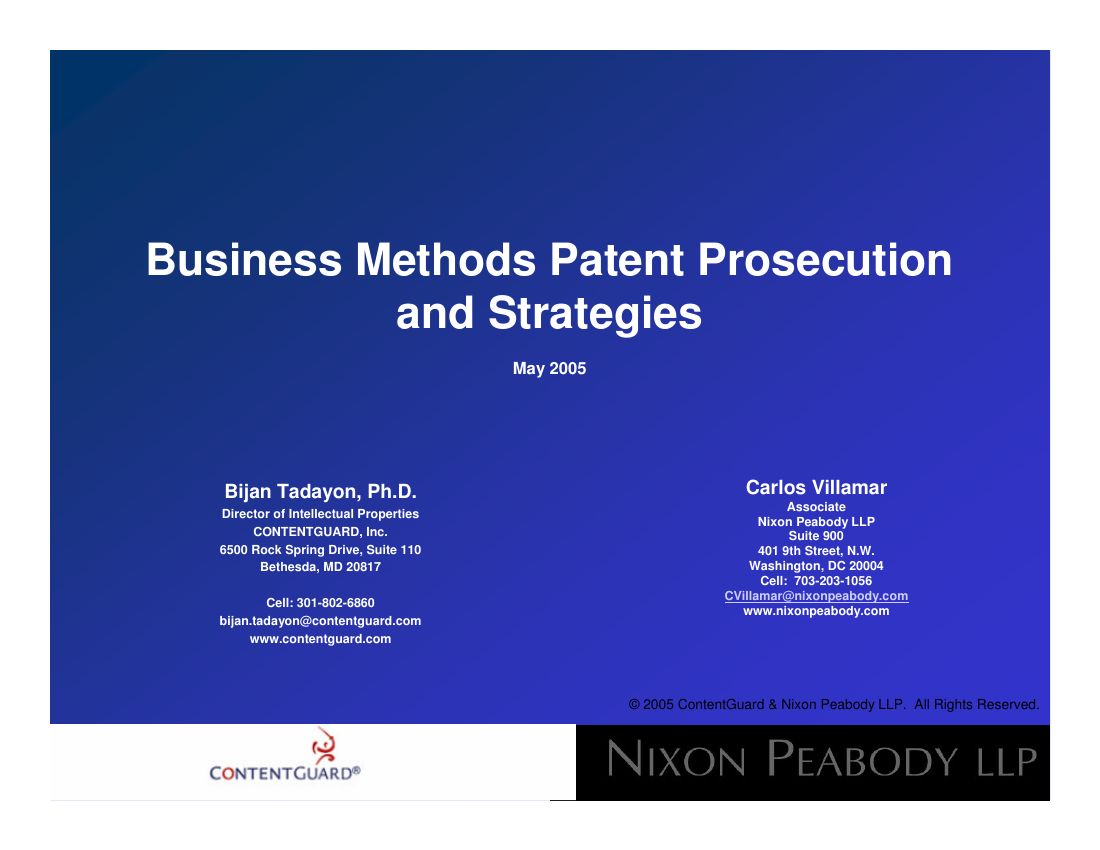 First slide of: Tadayon and Villamar, "Business Methods Patent Prosecution and Strategies," Business Methods Partnership Meeting