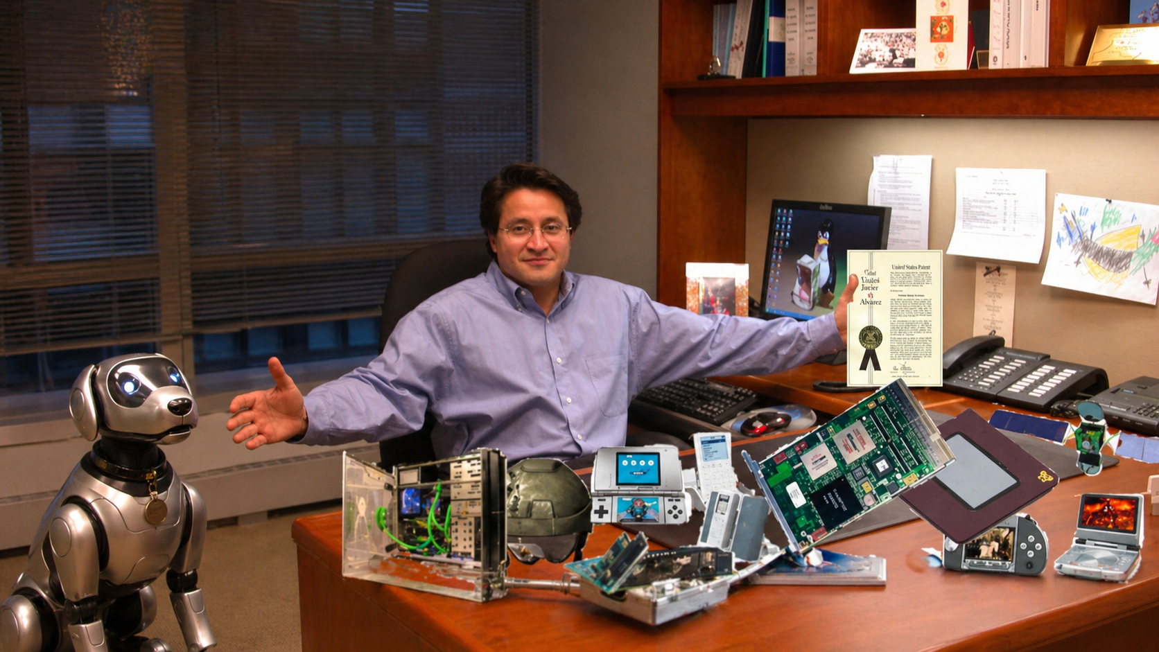 Carlos R. Villamar at his desk surrounded by inventions, patents, and a robot dog