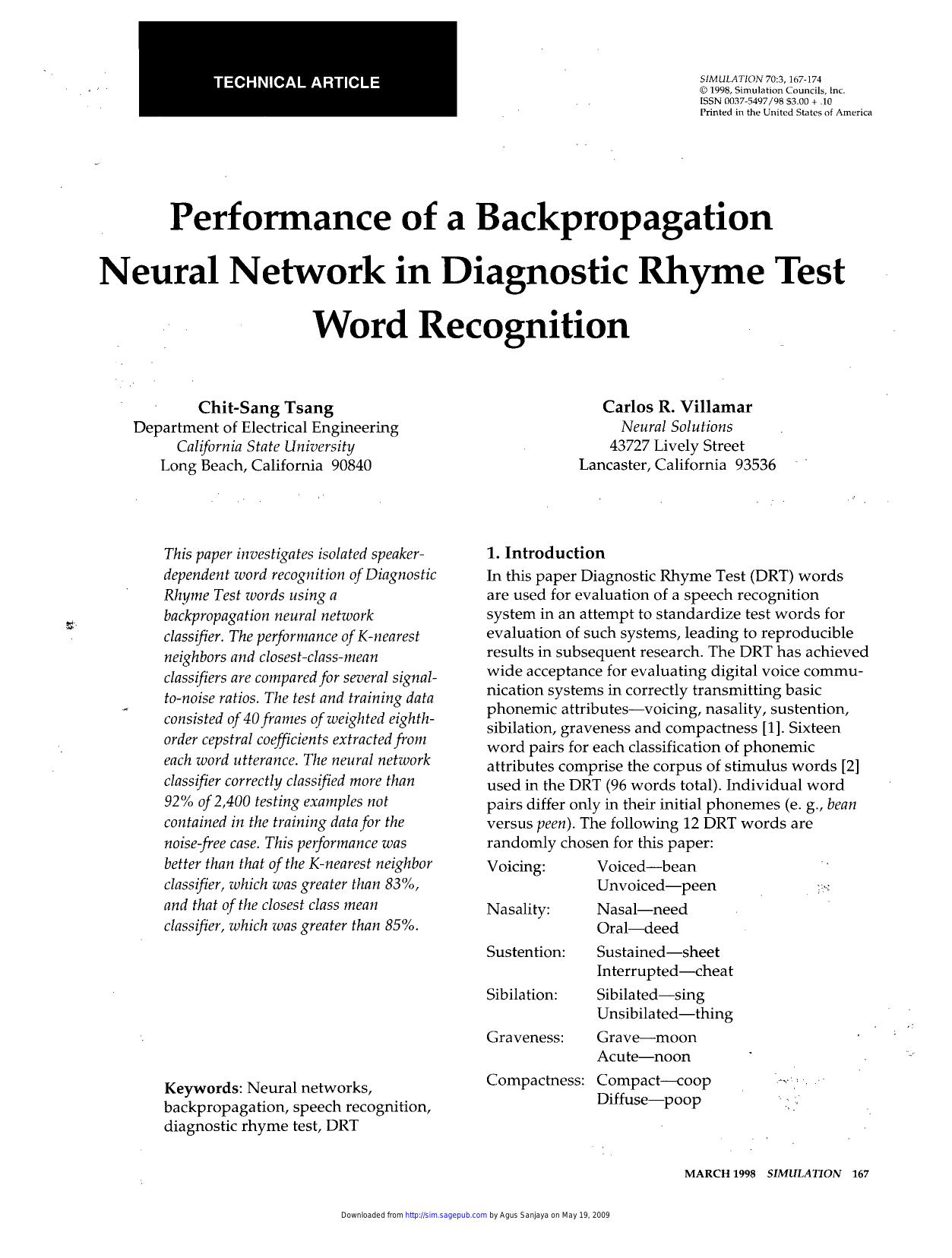 Title page of "Performance of a Backpropagation Neural Network in Diagnostic Rhyme Test Word Recognition" published in SIMULATION journal