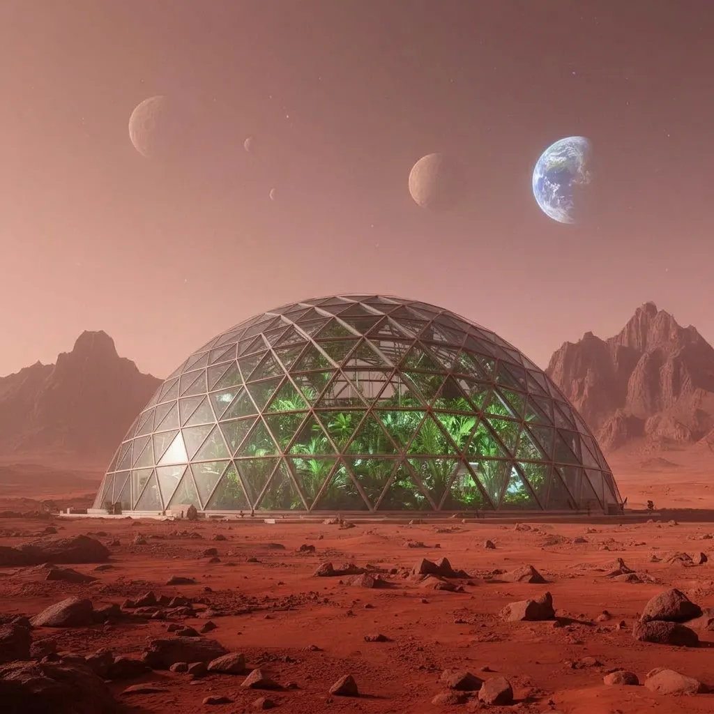 A villa on the surface of planet Mars under a starry sky